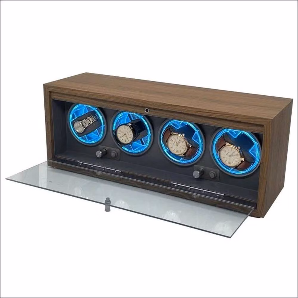 FLAVORA 4 Slot LED Watch Winder with Grey Inner Lining in Brown – 4