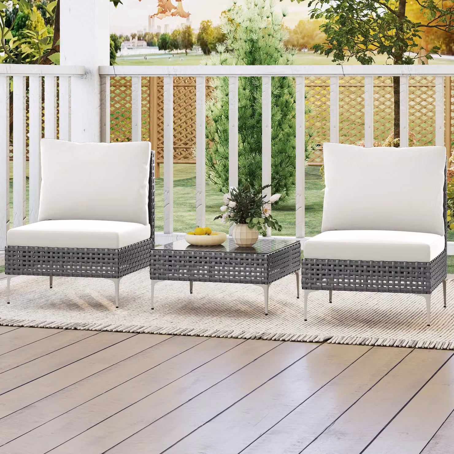 Gymax 3 Piece White PE Rattan Patio Bistro Set with Metal Coffee Table – 5
