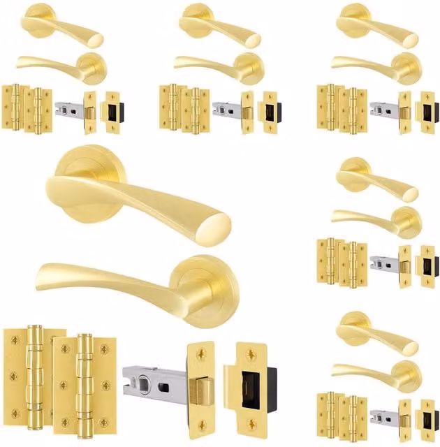 AFIT Novi Satin Brass Door Handle Rosette Set with Latch and Hinges in Gold, Rose Diameter: 100 mm