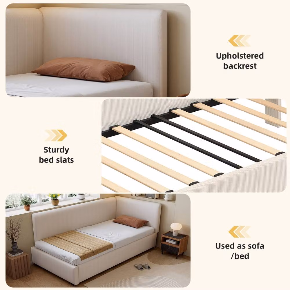 Rolipo Beige Corduroy Upholstered Single Youth Bed with Side Rails W/D/H: 90 x 190 cm – 4