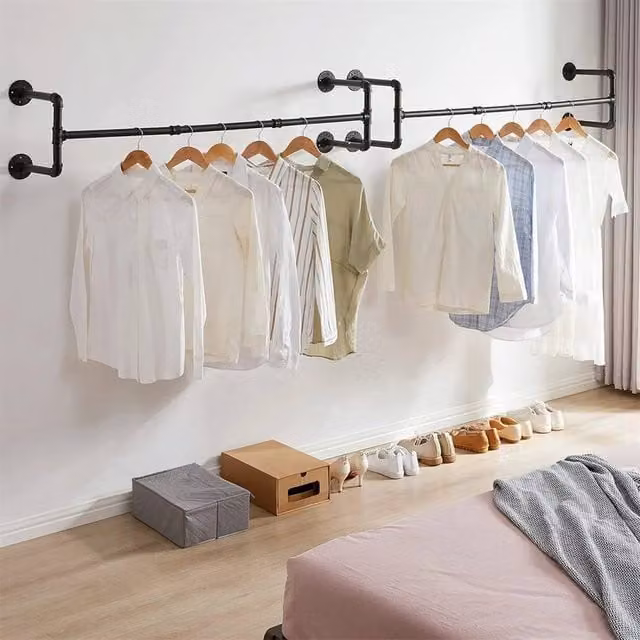 FORGEVIO Industrial Pipe Wall Clothes Rail in Matt Black, W: 109 cm, D: 50 cm, H: 2.54 cm – 1