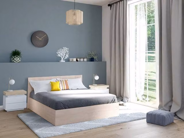 Vente-unique ELPHEGE Lift-Up Storage Bed in Light Oak and Beige, W/D/H: 160 x 200 x 78 cm