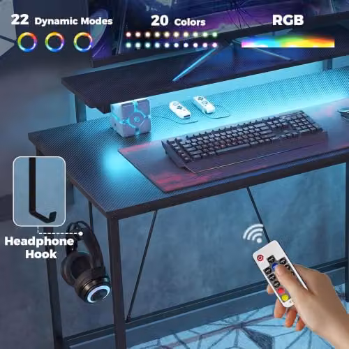 HOMCOM L-Shaped Gaming Desk with LED Lights and Power Outlet, Black – 4