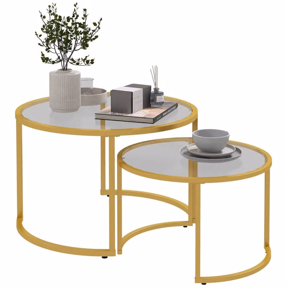 FURNOS Set of 2 Round Gold Nesting Tables with Tempered Glass Tops – 4