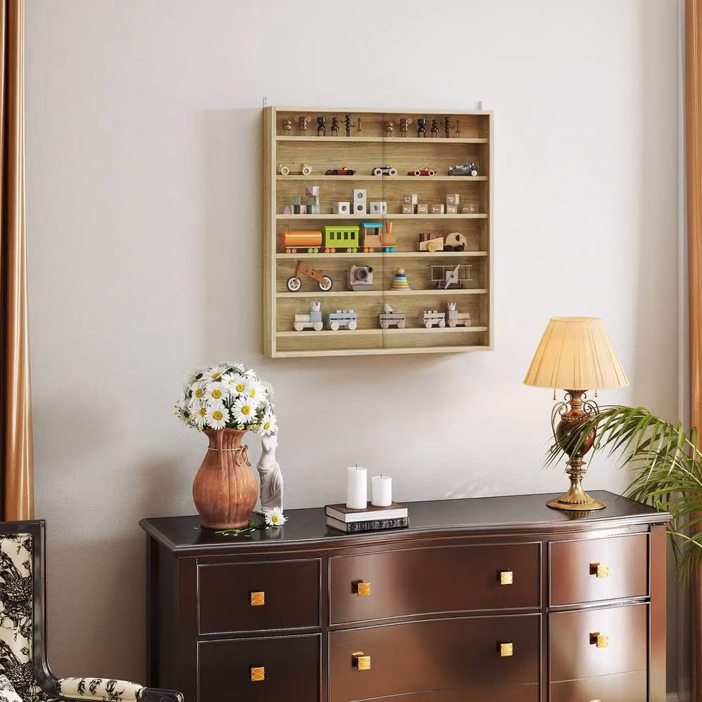 STILVORA Wall Mounted Display Cabinet with Glass Sliding Doors and Internal Shelves in Light Oak and Brown – 6