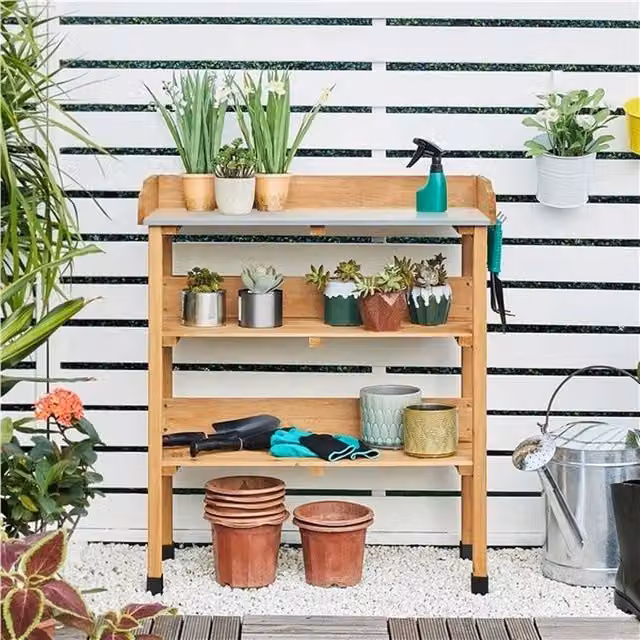 Kelvenix Rustic Wood Garden Potting Bench Table in Brown