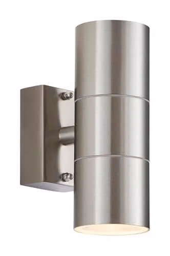Netlighting Canon 2 Light Outdoor Up Down Wall Light in Polished Stainless Steel and Transparent Glass, IP44, GU10