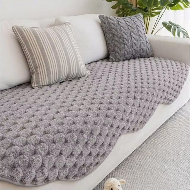 Livingandhome Luxury Thick Faux Plush Non-Slip Sofa Protector Cover, Grey, Width: 240 cm, Depth: 90 cm