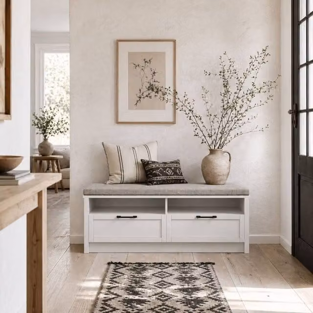 Wyld Haus Noma White Shoe Bench with Grey Fabric Cushion, 2 Shelves and 2 Drawers