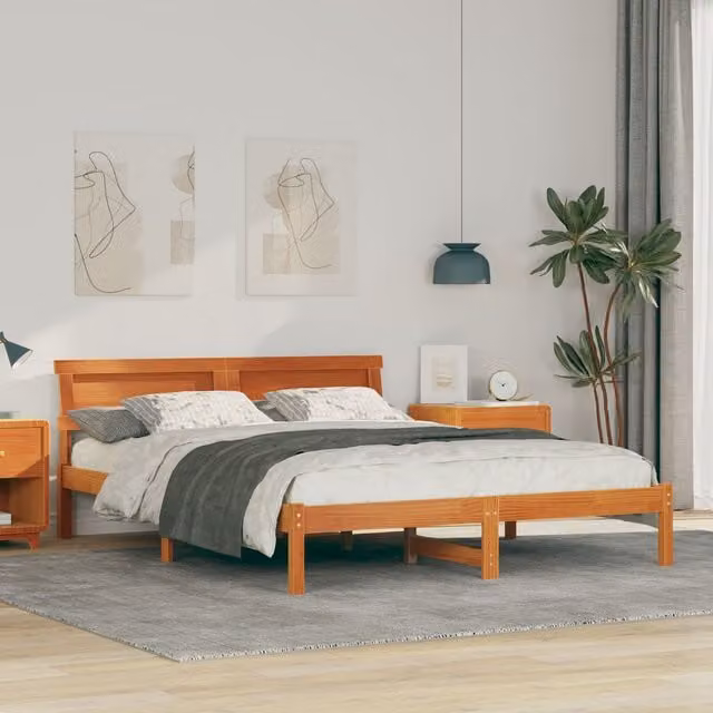 Berkfield Home Wax Brown Pine Wood Bed with Headboard and LED Strip Lights W/D/H: 160 x 200 cm