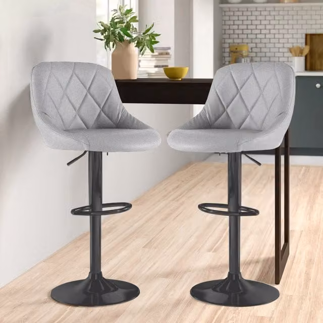 Neo Set of 2 Modern Grey Fabric Swivel Barstools with Matt Black Metal Legs