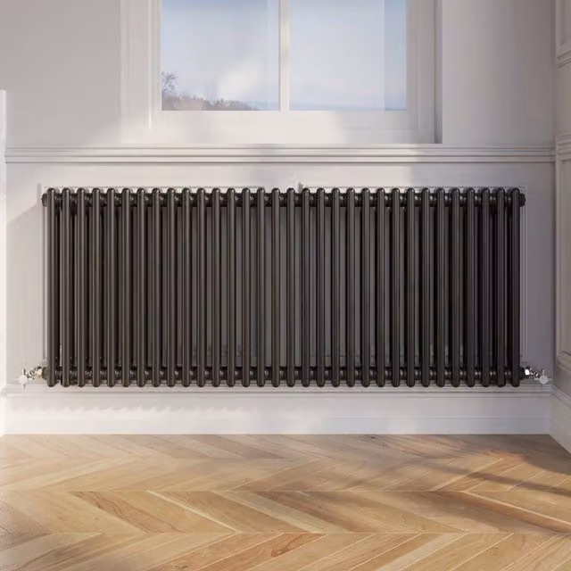Temprazo Black Steel Wall Mounted Radiator with Wall Brackets H: 146 cm, W: 42.5 cm, D: 7 cm