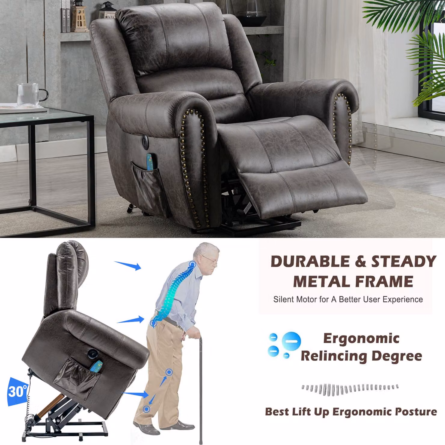 Aosom UK Large Power Lift Recliner Massage Chair with Heating, Grey, W/D/H: 104 x 106 x 102 cm – 4