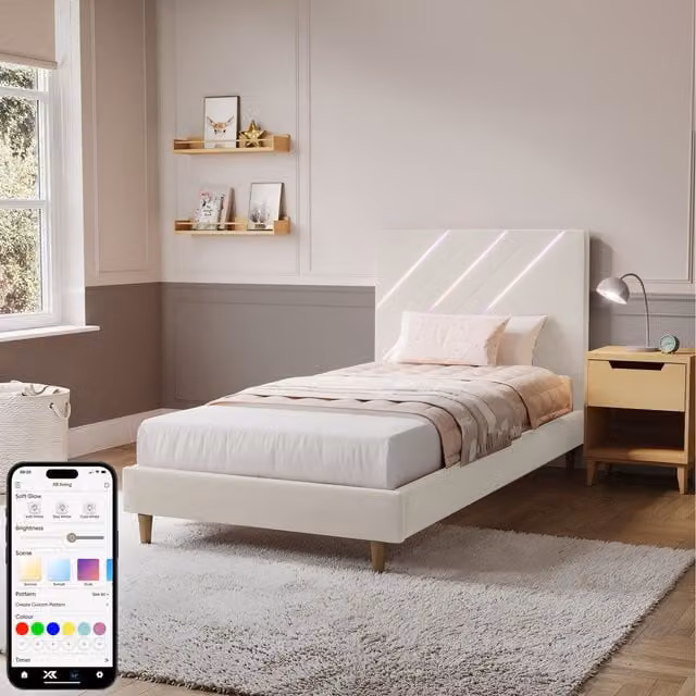 XR Living Lily Single Bed Frame in White Velvet with App Controlled Under-Bed LED Lighting, W/D/H: 90 x 200 cm