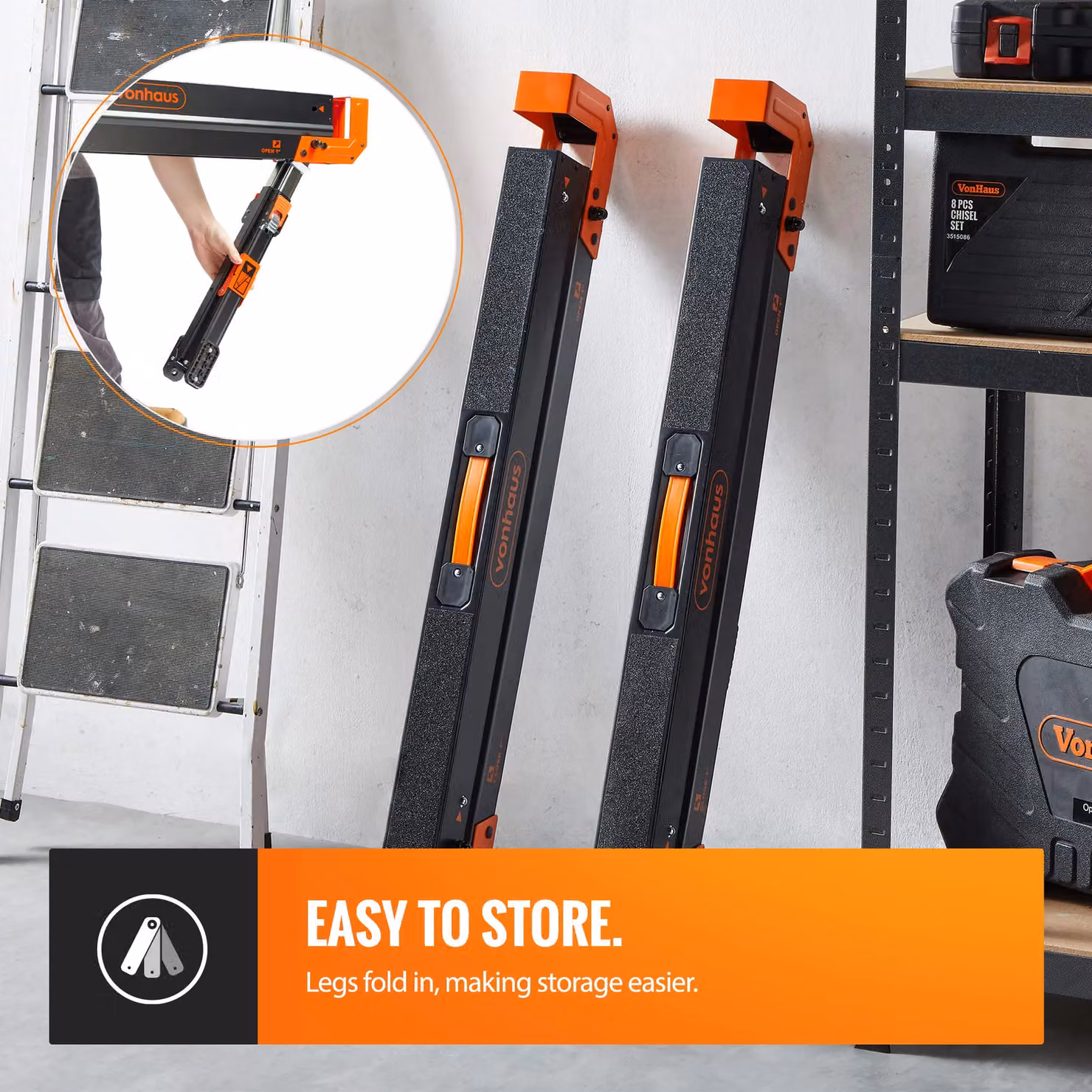 VonHaus Twin Pack Portable Folding Saw Horses in Black, Height Adjustable Steel with 1178kg Max Weight Capacity – 5