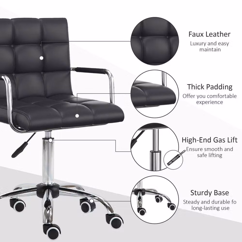 NESTLUNE Black Synthetic Leather Mid Back Swivel Home Office Task Chair – 3