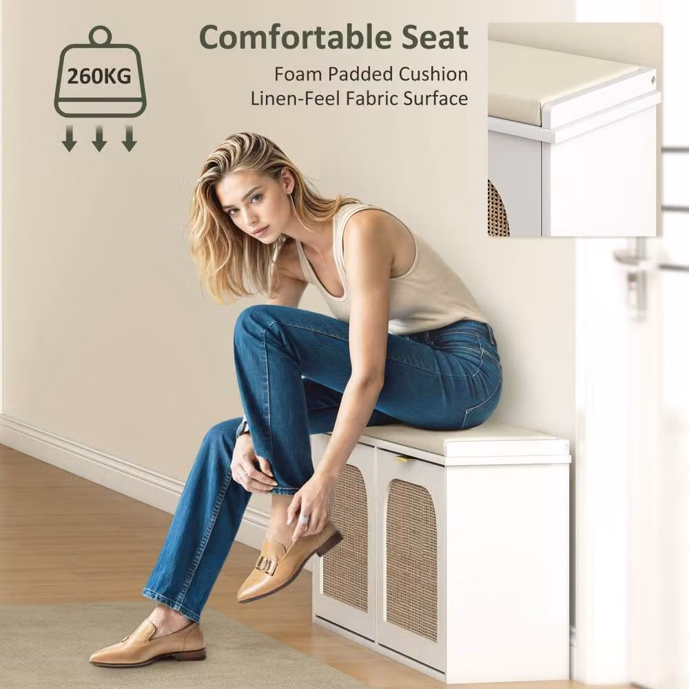 Wyld Haus Hano White and Beige Boho Shoe Bench with Cushioned Seat and 2 Rattan Flip Drawers – 4