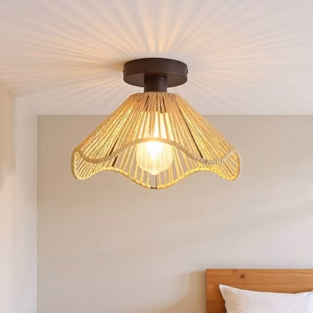 NIVOR Brown Rattan Flush Mount Ceiling Lamp with E27 Socket