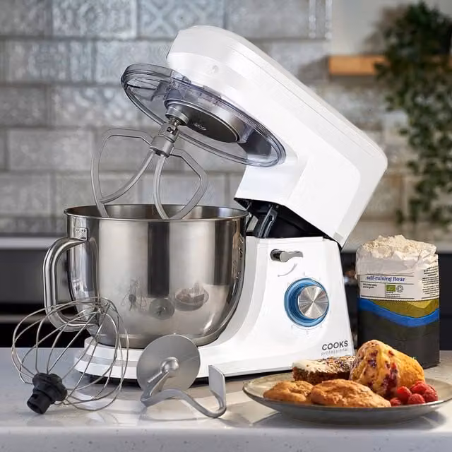 Cooks Professional 1200W Stand Mixer with 7L Bowl in White and Silver
