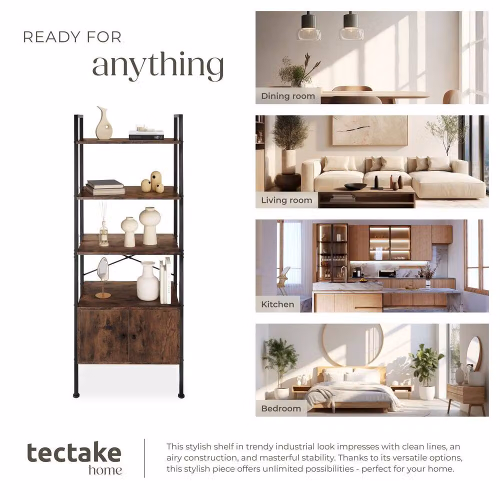 tectake Brentwood Industrial Style Ladder Shelf with 4 Levels and 2 Cupboards in Brown and Black – 6