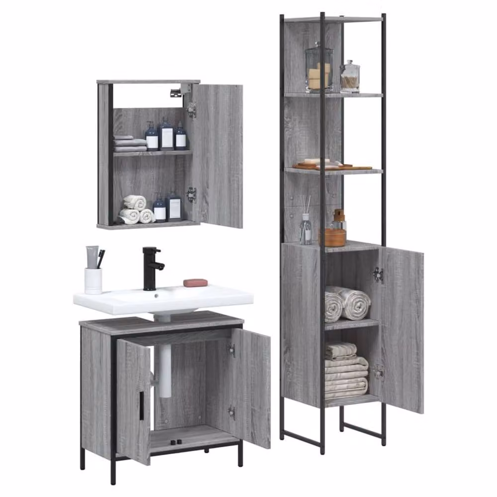 Berkfield Home 3 Piece Grey Sonoma Bathroom Furniture Set with Mirror Cabinet and Vanity Unit – 2