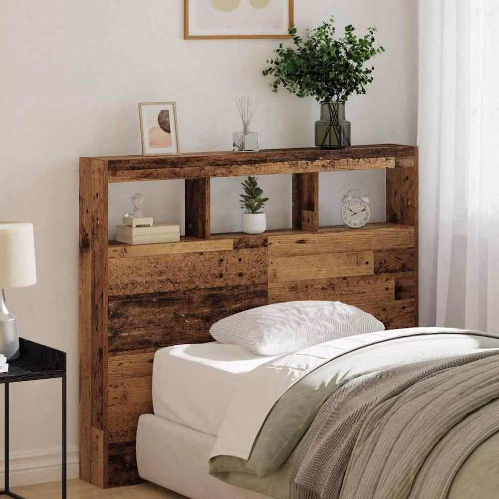 Berkfield Home Rustic Solid Reclaimed Wood Headboard with Integrated Lighting and Shelf in Brown, W/D/H: 120 x 17 x 102 cm – 1