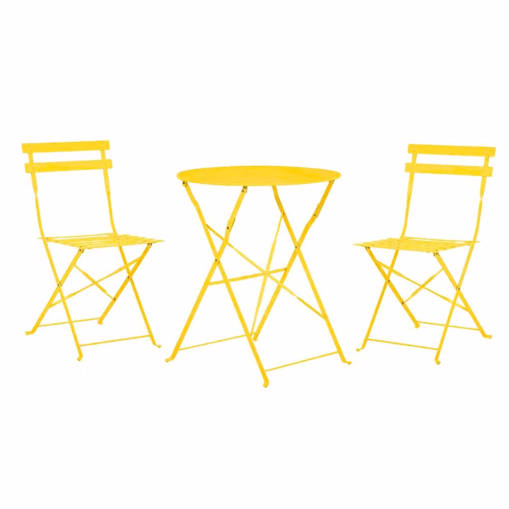 Marco Paul 3 Piece Folding Outdoor Bistro Set in Yellow Matt Powder Coated Steel – 2