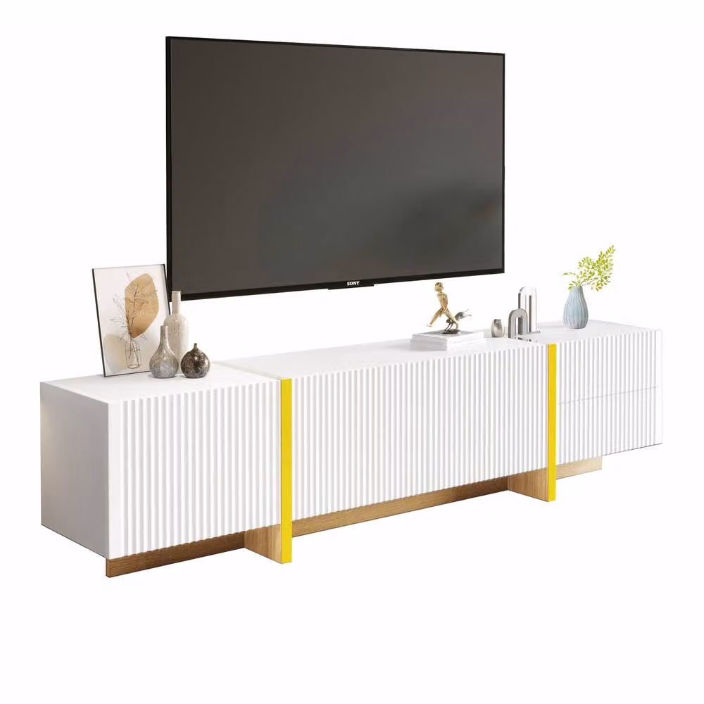 Rolipo Modern White Glossy TV Cabinet with 3 Doors, 2 Drawers and Gold Accents, W: 190 cm, H: 45 cm, D: 35 cm – 2