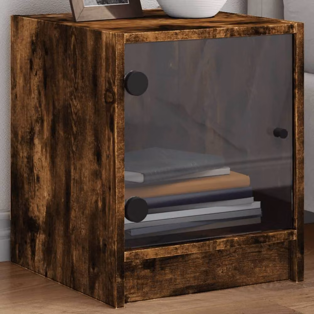 Berkfield Home Elegant Bedside Cabinets with Glass Doors, 2 Pack, Smoked Oak Brown, W/D/H: 35 x 37 x 42 cm – 1
