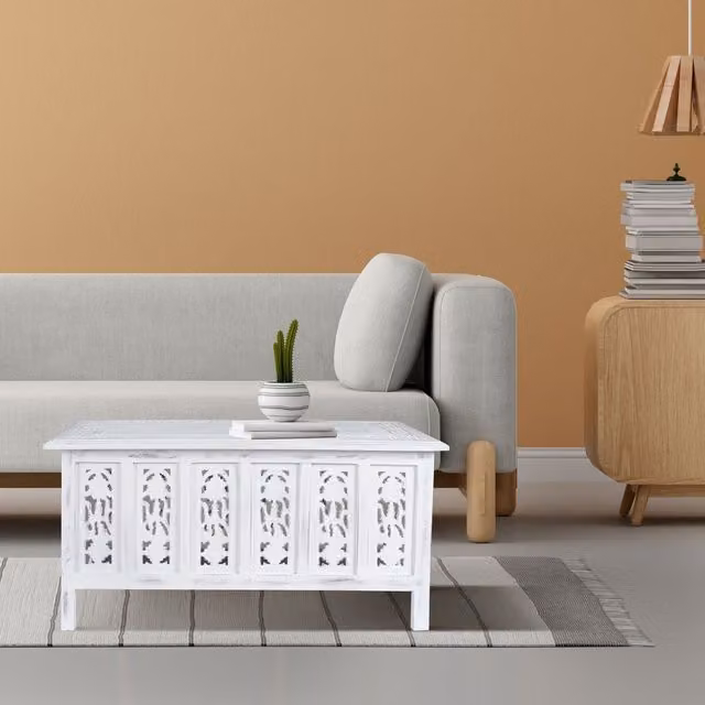Topfurnishing Antique Rectangular Drop Leaf Wood Coffee Table in White and Brown