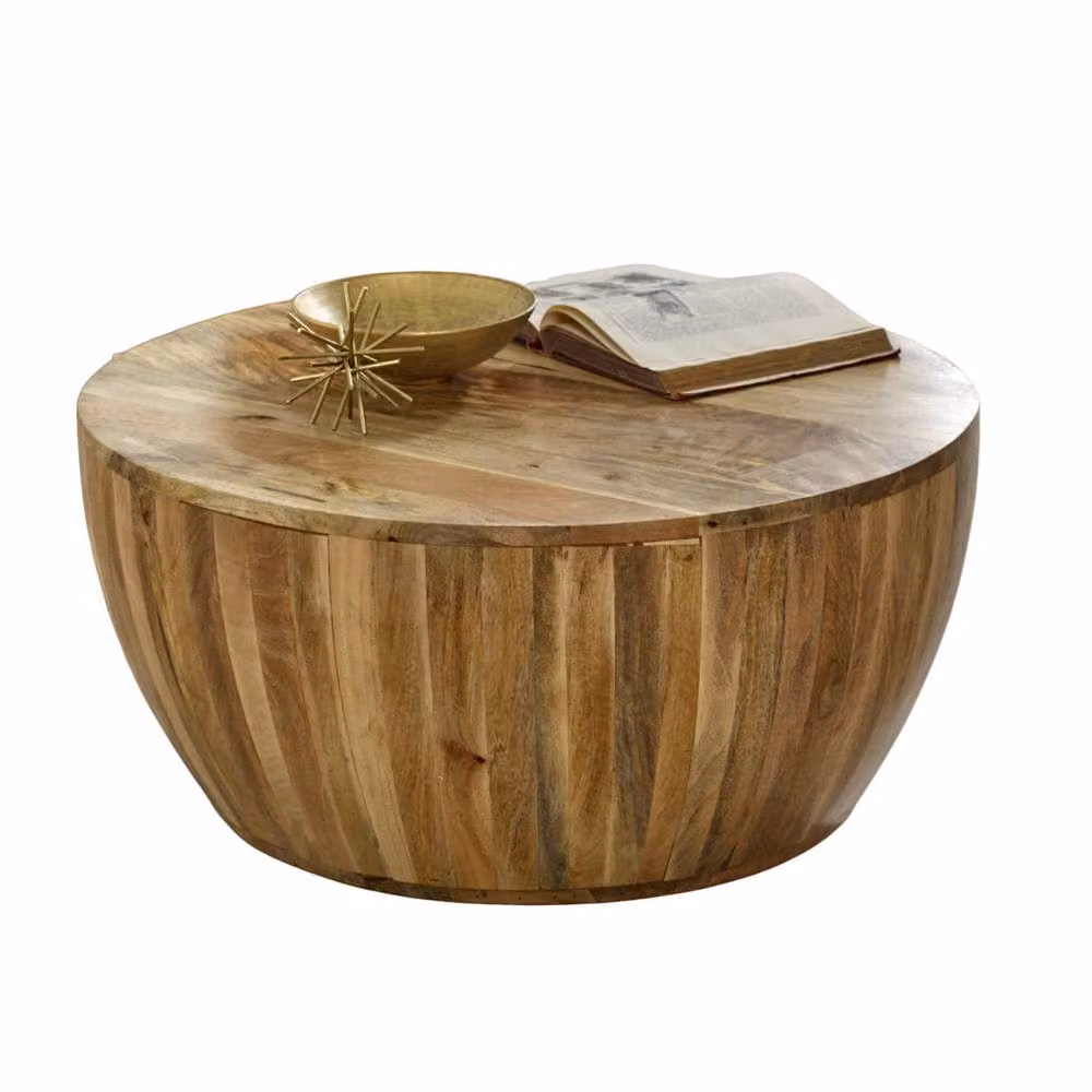 Wyld Haus London Natural Mango Wood Drum Coffee Table, Brown, W/D/H: 80 x 80 x 35 cm – 2