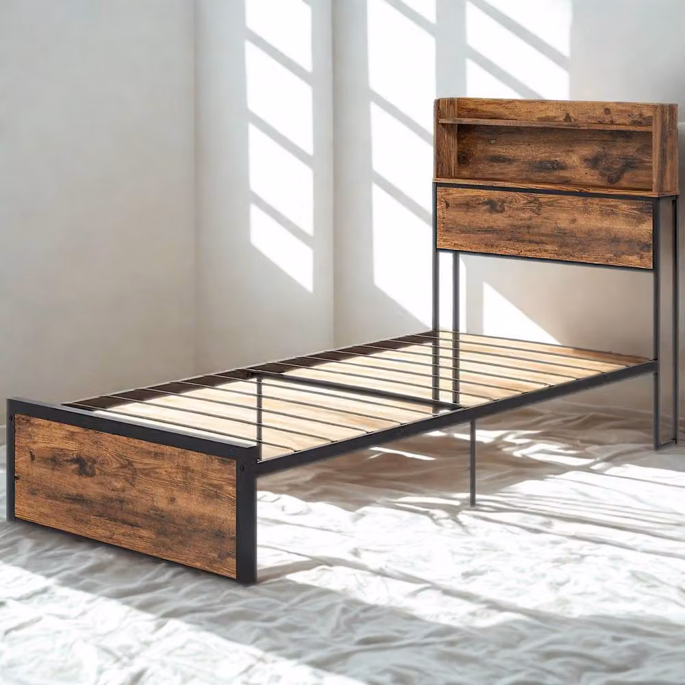 Pirlo Plush Single Industrial Bed Frame with Headboard and Side Compartment Storage in Brown and Black – 4