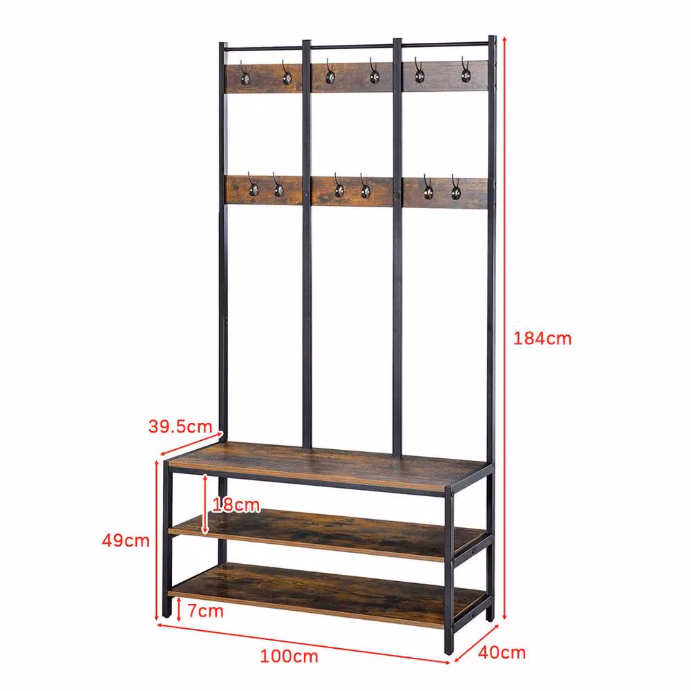 ERGOVEXA Industrial Hall Tree Bench with Shoe Rack and 12 Hooks in Brown and Black – 2