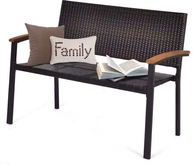 Costway Dark Brown All-Weather PE Wicker Stackable Outdoor Garden Loveseat Bench