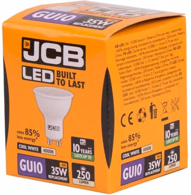 JCB 3W LED GU10 Light Bulb, 250lm, 4000K Cool White