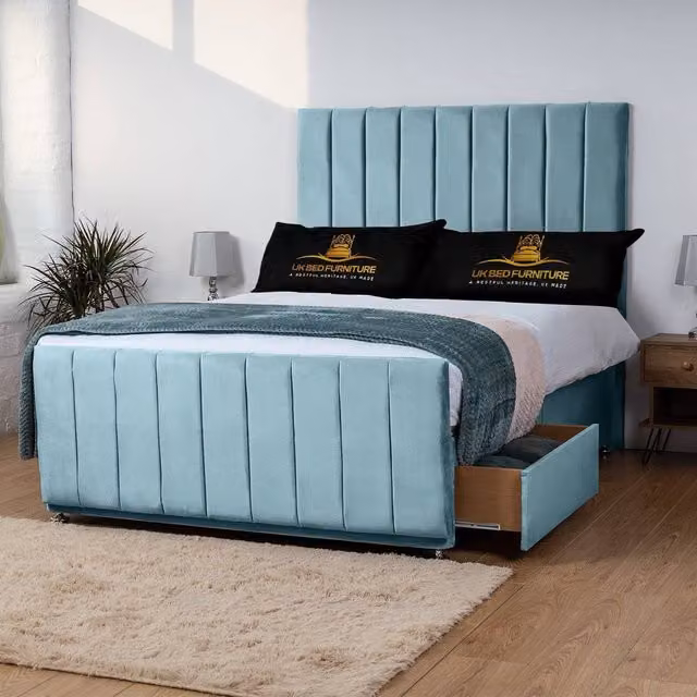 UK Bed Furniture Hampton Divan Bed with 2 Drawers and 26 Inch Headboard in Light Blue Velvet, W/D/H: 90 x 200 x 66.04 cm