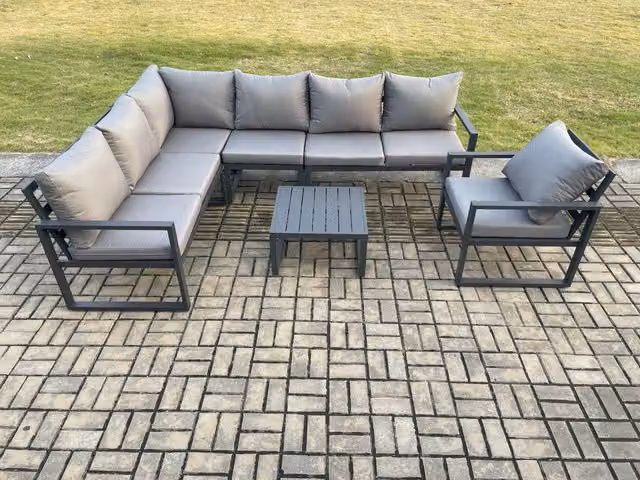 Fimous 7 Seater Aluminium Garden Furniture Set with L-Shape Corner Sofa, Chairs and Square Coffee Table in Dark Grey