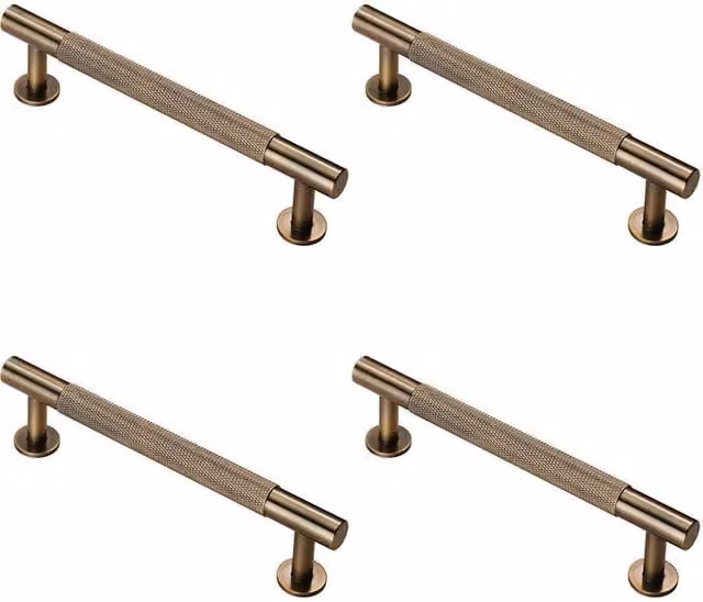 Loops 4x Knurled Bar Door Pull Handle in Antique Brass, W: 158 mm, D: 13 mm, Fixing Centres: 128 mm