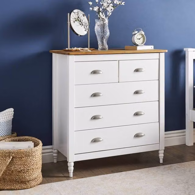 Wyld and Coco White 5-Drawer Sideboard Chest with Pine Wood Top