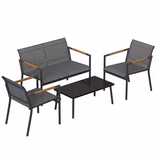 Outsunny 4 Seater Grey Metal Garden Furniture Set with Loveseat, Armchairs and Table