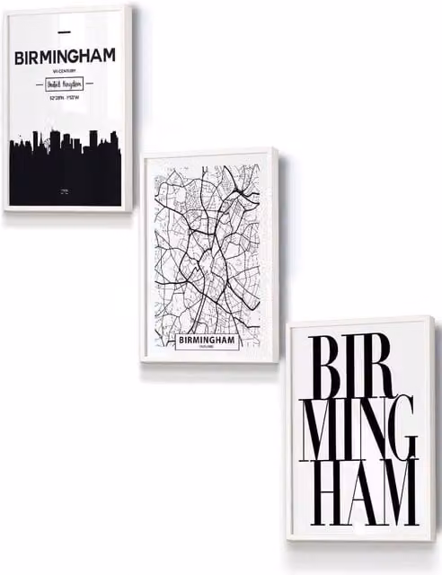 ARTZE Birmingham Skyline Street Map Framed Wall Art, White, W: 33 cm, H: 45 cm, D: 0.2 cm