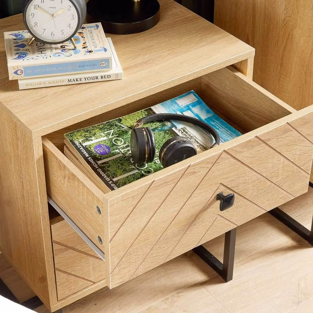 FORGEVIO Modern 2 Drawer Bedside Table in Brown Oak Effect with Metal Legs – 3