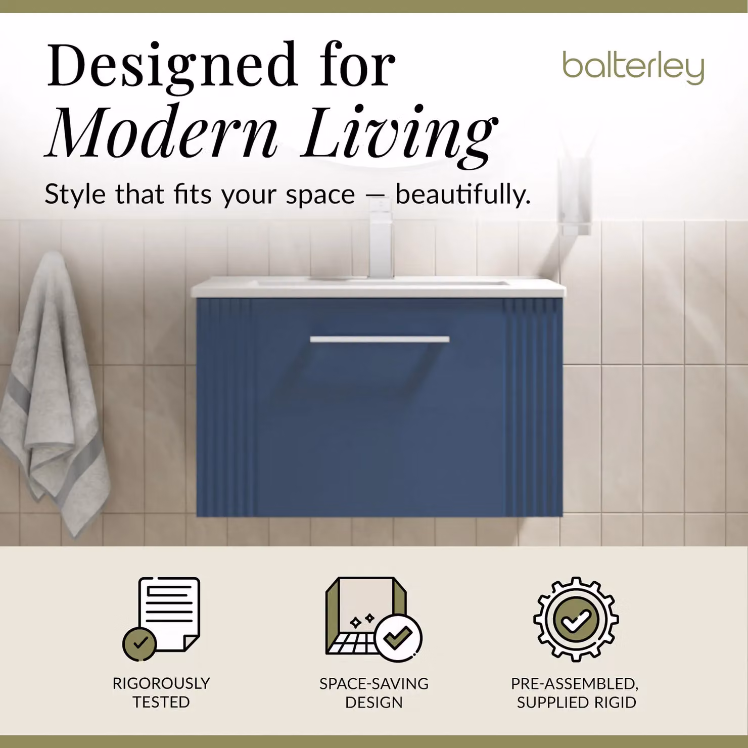 Balterley Wall Hung 1 Drawer Vanity Unit with Minimalist Basin, Satin Blue, W: 60 cm, D: 39.5 cm – 2