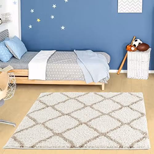 THE RUGS Modern Moroccan Shaggy Square Area Rug, Beige, W x W: 120 x 120 cm – 1