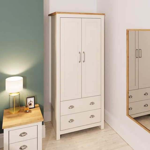 Timber Art Design UK Lisbon 2 Door Double Wardrobe with Internal Drawers in Oak, Beige and White