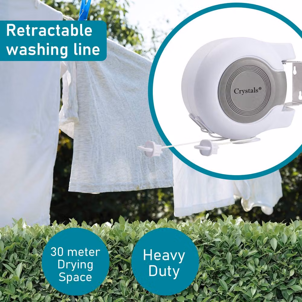 Crystals Retractable Twin Cable Wall Mounted Clothes Line in White, 30m – 3