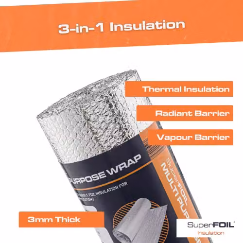 SuperFOIL Silver Bubble Foil Insulation Roll, W: 0.6 m x L: 7.5 m – 3