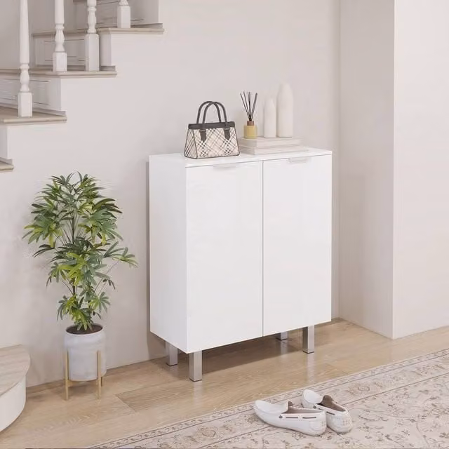 STILVORA Modern Glossy White Five-Shelf Shoe Cabinet with Soft-Close Hinged Doors, W/D/H: 76 x 31.5 x 95 cm