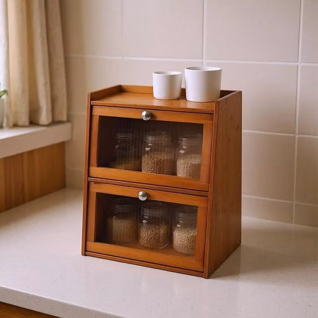 Kelvenix 3 Tier Bamboo Bread and Pantry Storage Cabinet in Brown with Glass Doors