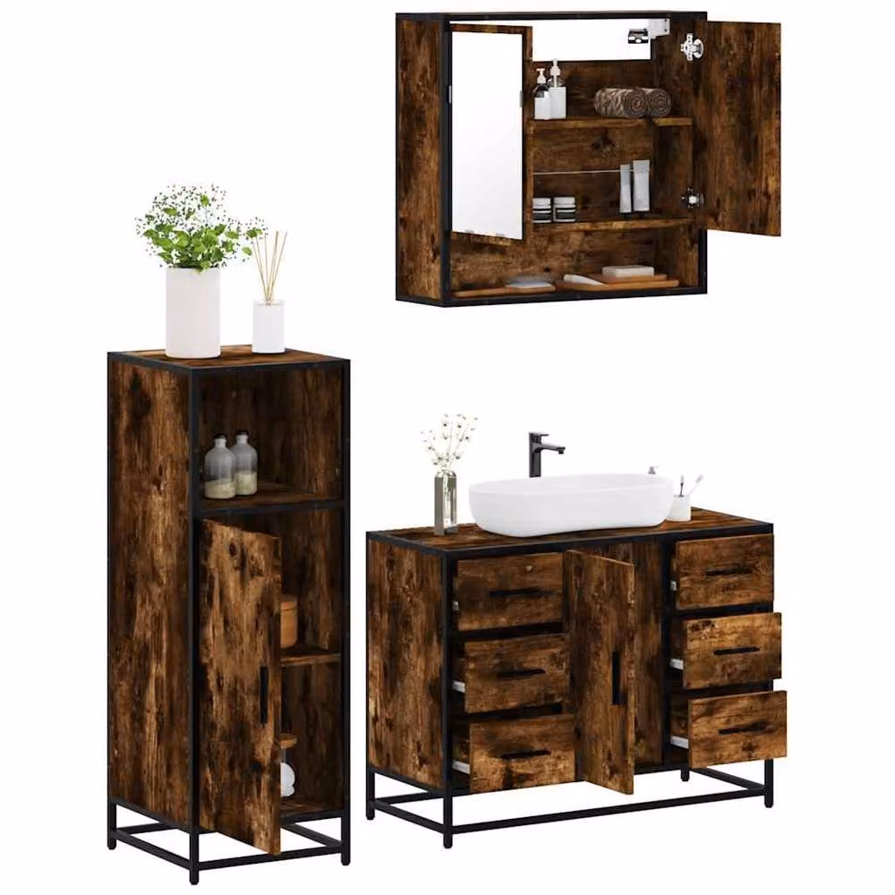 Berkfield Home 3 Piece Industrial Bathroom Furniture Set in Smoked Oak Brown – 2